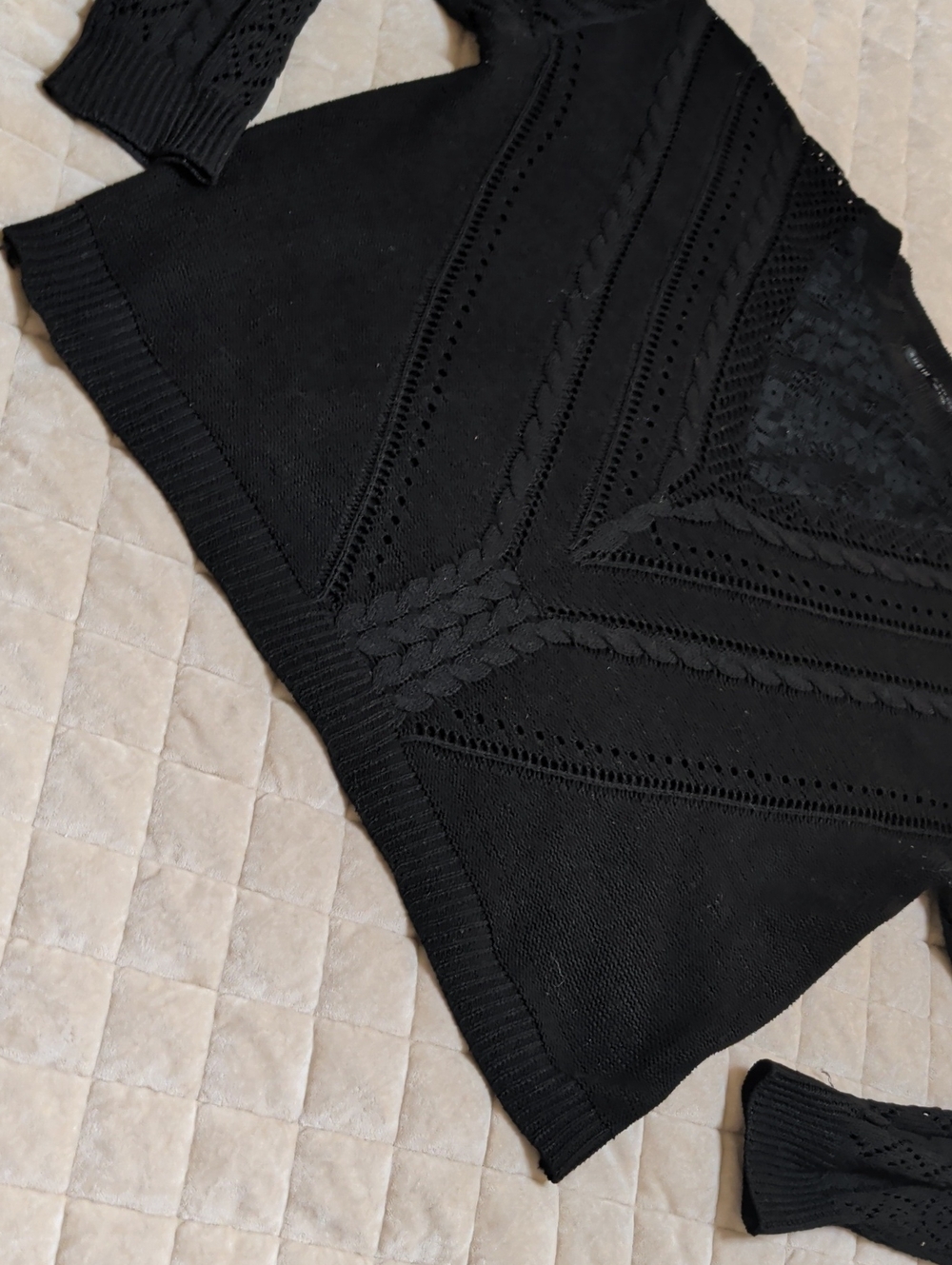SHEIN Black V-Neck Knit Sweater with Pointelle & Cable Detail